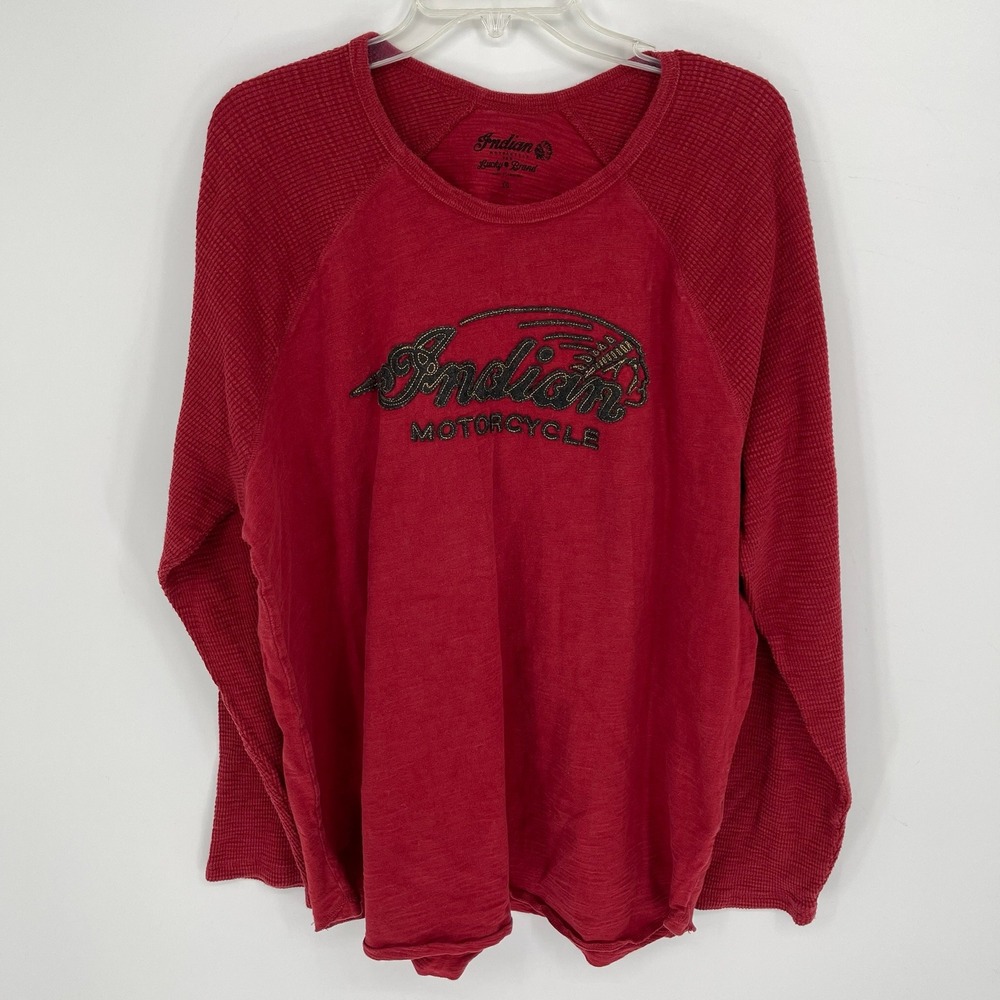 Lucky Brand Men's Red Indian Motorcycle Graphic Raglan Long Sleeve Shirt Sz XXL